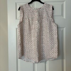 LOFT Linen Blend Sleeveless 1/4 Button Up Top, cream/pink/beige size L